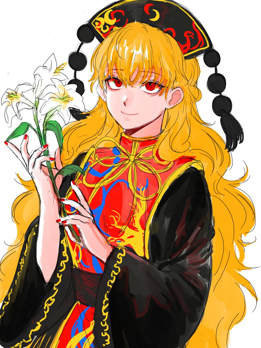 1girl belt black_belt black_dress black_hat chinese_clothes closed_mouth crescent crescent_print dalachi_(headdress) dress flower hair_between_eyes hands_up hat highres holding holding_flower junko_(touhou) junko_day kuya_(hey36253625) lily_(flower) long_hair long_sleeves looking_up mandarin_collar neck_ribbon orange_hair phoenix_print pom_pom_(clothes) red_eyes red_nails red_tabard ribbon simple_background smile solo tabard tassel touhou upper_body wavy_hair white_background white_flower wide_sleeves yellow_ribbon