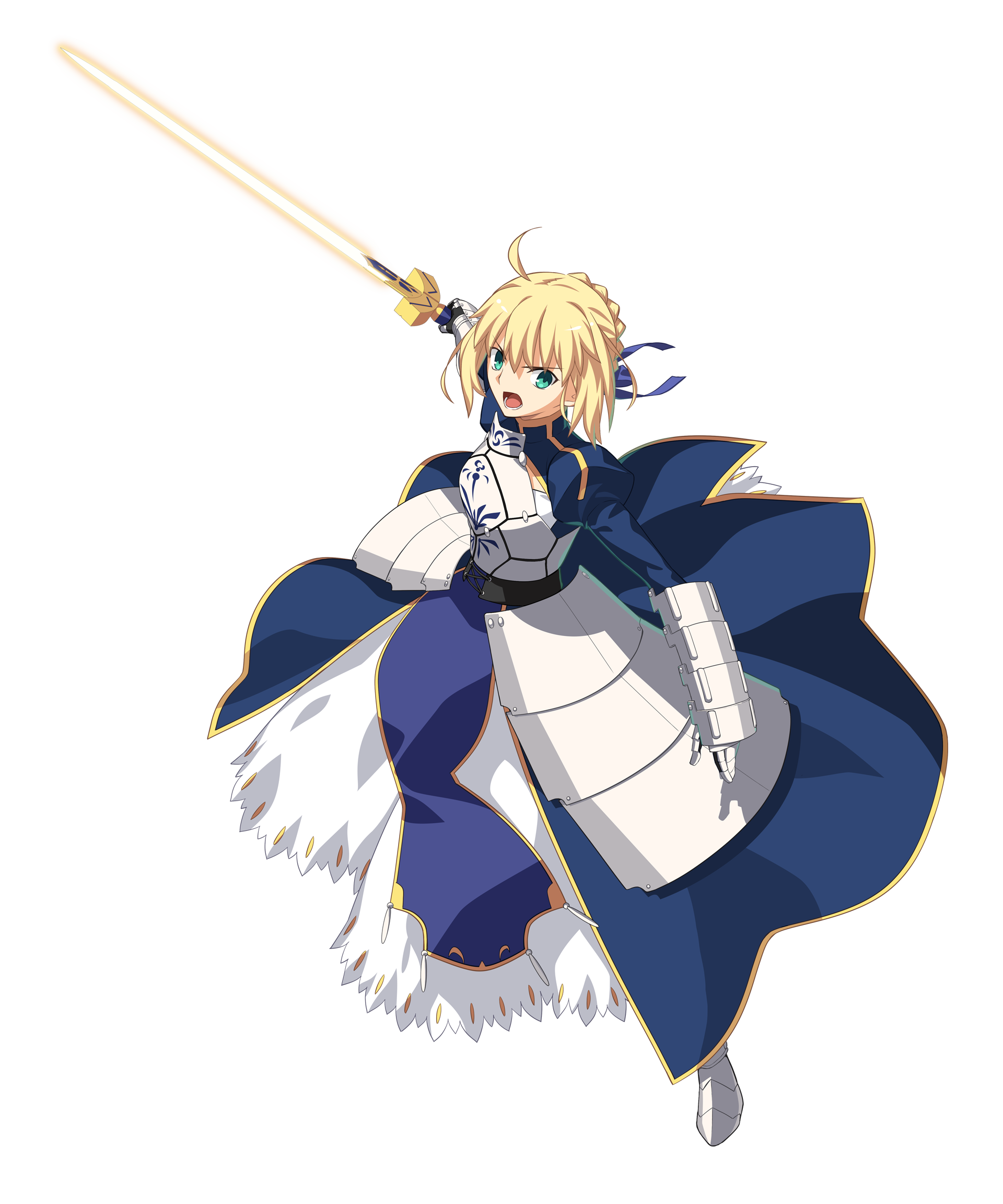 1girl ahoge anime_coloring arm_guards armor armored_boots armored_dress artoria_pendragon_(fate) black_corset blonde_hair blue_collar blue_dress blue_ribbon boots braid breastplate bun_with_braided_base collar collared_dress corset cross-laced_clothes cross-laced_corset dress excalibur_(fate/stay_night) fate/grand_order fate/stay_night fate_(series) full_body game_cg gauntlets gold_trim green_eyes grey_armor grey_boots hair_between_eyes hair_bun hair_ribbon highres holding holding_sword holding_weapon kawasumi_ayako looking_at_viewer lower_teeth_only melty_blood melty_blood:_type_lumina mizuumi_(site) non-web_source official_art open_mouth petticoat print_armor ribbon saber_(fate) short_hair sidelocks simple_background single_hair_bun solo sword tachi-e takeuchi_takashi teeth tongue tsukihime tsukihime_(remake) two-tone_dress type-moon v-shaped_eyebrows voice_actor_connection weapon white_petticoat