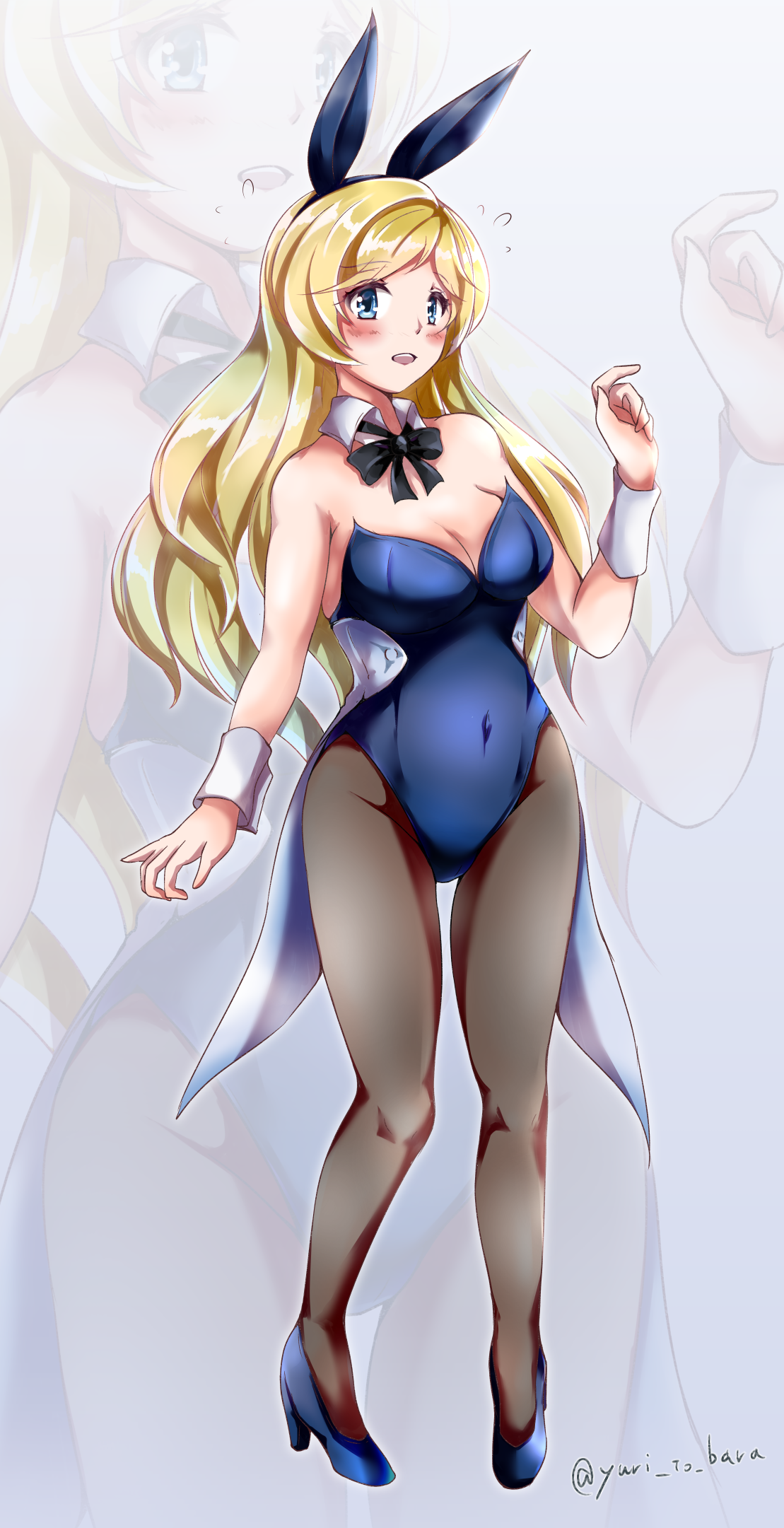 1girl animal_ears bad_id bad_pixiv_id blonde_hair blue_eyes blush breasts fake_animal_ears female_focus high_heels highres l.alice large_breasts leotard long_hair melua_melna_meia pantyhose playboy_bunny rabbit_ears rabbit_girl solo super_robot_wars super_robot_wars_judgement super_robot_wars_og_moon_dwellers super_robot_wars_original_generation