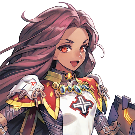 1girl armor armored_female breasts dark-skinned_female dark_skin female_focus female_knight forehead game_cg hair_tuft high_collar holding holding_shield jewelry kakiman knight last_origin long_hair looking_at_viewer medium_breasts official_art open_mouth prester_johanna red_eyes red_hair shield shoulder_pads smile tabard transparent_background upper_body
