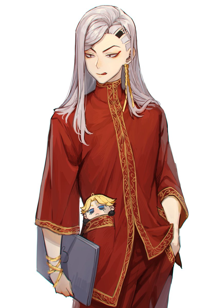1boy :q asymmetrical_hair black_eyes earrings eyeshadow hand_in_pocket highres holding holding_laptop inui_seishu jewelry kokonoi_hajime laptop long_hair long_sleeves makeup male_focus nanin pants red_eyeshadow red_pants red_shirt shirt simple_background single_earring solo tokyo_revengers tongue tongue_out toy tsurime white_background white_hair