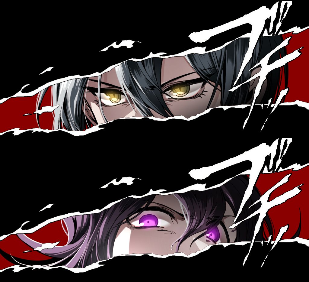 2boys angry black_background black_hair brown_eyes close-up commentary_request danganronpa_(series) danganronpa_v3:_killing_harmony hair_between_eyes looking_at_viewer lysm425 male_focus multiple_boys oma_kokichi persona persona_5 persona_eyes purple_eyes red_background saihara_shuichi serious short_hair slit_pupils translation_request