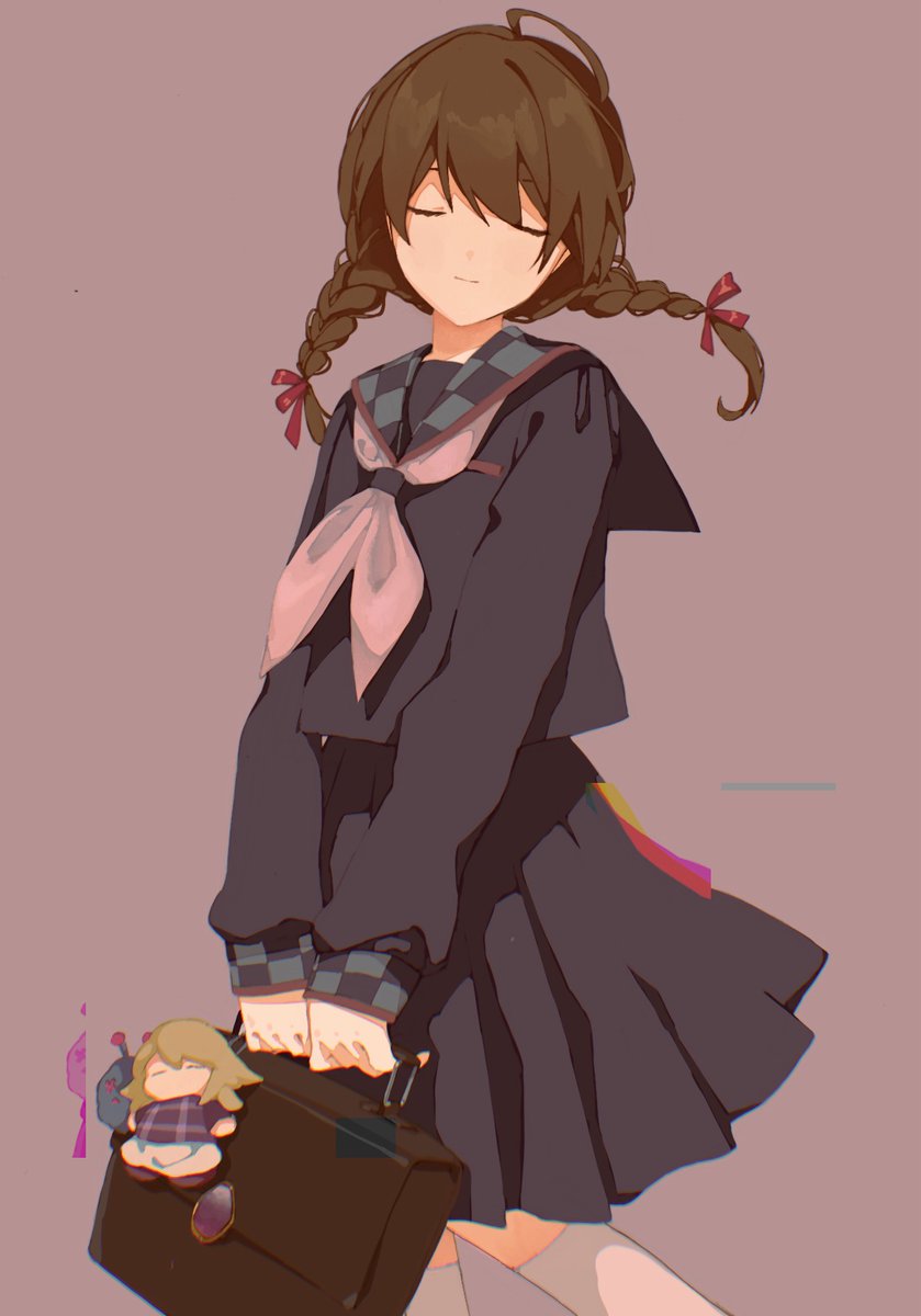 1girl bag black_serafuku black_shirt black_skirt braid brown_bag brown_hair character_charm charm_(object) checkered_collar closed_eyes closed_mouth facing_viewer feet_out_of_frame fuyuki_eru glitch highres holding holding_bag light_smile long_hair madotsuki neckerchief pink_background red_neckerchief school_uniform serafuku shirt simple_background skirt socks solo twin_braids urotsuki white_socks yume_2kki yume_nikki