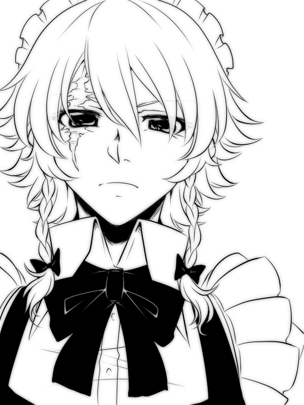 1girl bow bowtie braid closed_mouth collared_shirt commentary_request frown greyscale hair_between_eyes hair_bow izayoi_sakuya long_bangs looking_at_viewer maid_headdress medium_hair monochrome neko_majin portrait scar scar_across_eye scar_on_face shirt simple_background solo touhou twin_braids