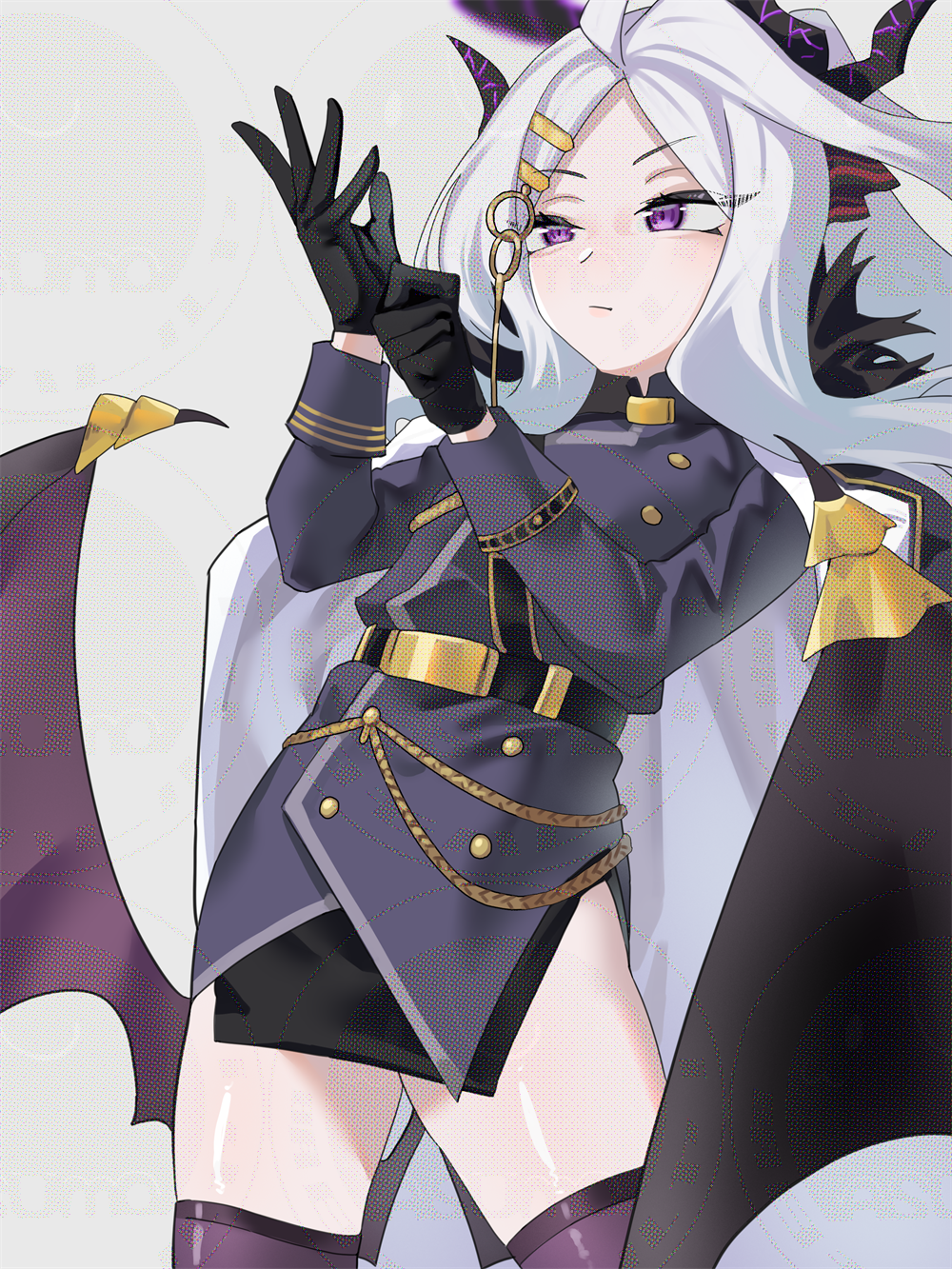 1girl ahoge asumo_arare black_gloves black_halo black_skirt black_thighhighs blue_archive blush coat coat_on_shoulders demon_girl demon_horns demon_wings gloves halo highres hina_(blue_archive) horns long_hair looking_at_another purple_eyes simple_background skirt solo standing thighhighs white_hair wings