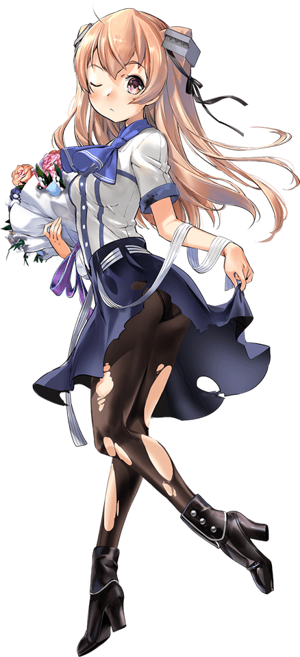 1girl black_skirt breasts brown_eyes female_focus hair_ribbon johnston_(anniversary)_(kancolle) johnston_(kancolle) kantai_collection light_brown_hair long_hair long_skirt medium_breasts neckerchief official_art pantyhose ribbon shirt skirt solo torn_clothes torn_pantyhose transparent_background two_side_up white_ribbon white_shirt zeco