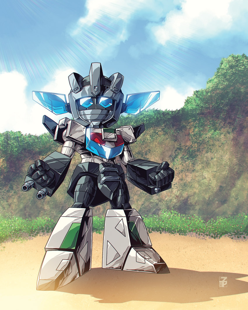 1980s_(style) autobot beach blue_eyes clenched_hands commentary dyemooch english_commentary looking_at_viewer mecha medarot no_humans oldschool parody retro_artstyle robot solo style_parody transformers wheeljack