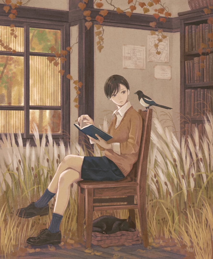 1boy animal bird black_cat black_footwear black_hair black_shorts blue_socks book bookshelf brown_sweater cat chair crossed_legs from_side full_body grass holding holding_book ivy kogaayumi magpie male_focus on_chair open_book original shirt shoes short_hair shorts sitting socks sweater white_shirt window