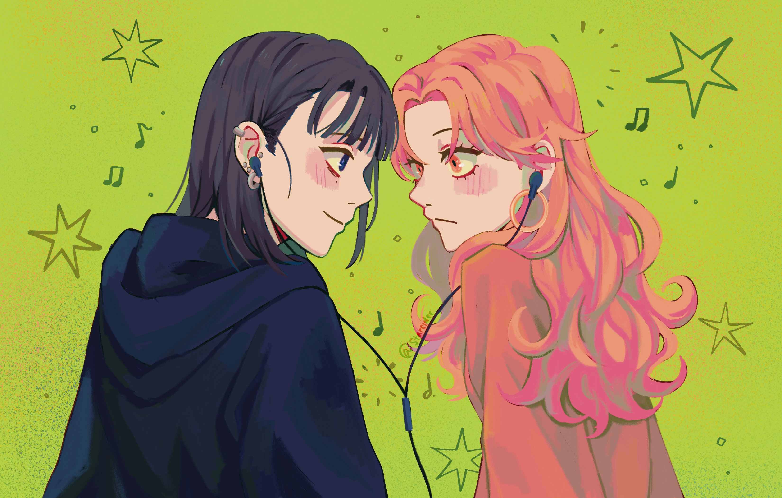 2girls absurdres beamed_eighth_notes black_hair black_hoodie blue_eyes blush choppy_bangs closed_mouth commentary dotted_half_note ear_piercing earphones earrings eighth_note english_commentary eye_contact face-to-face green_background highres hood hood_down hoodie hoop_earrings jewelry kininatteru_hito_ga_otoko_ja_nakatta koga_mitsuki long_hair looking_at_another mole mole_under_eye multiple_girls musical_note oosawa_aya orange_eyes orange_hair orange_sweater parted_bangs piercing quarter_note shared_earphones short_hair smile star_(symbol) star_cider sweater twitter_username upper_body wavy_hair