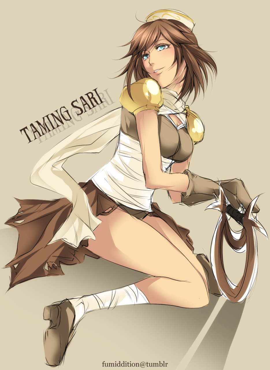 1girl alternate_color armor assassin_(ragnarok_online) bandages_over_clothes blue_eyes breasts brown_cape brown_gloves brown_hair brown_leotard brown_shoes cape commentary dagger english_commentary full_body fumiddition gloves grey_background hat highres holding holding_dagger holding_knife holding_weapon jamadhar knife leotard looking_at_viewer medium_breasts pauldrons ragnarok_online scarf shoes short_hair shoulder_armor smile solo waist_cape watermark weapon web_address white_hat white_scarf