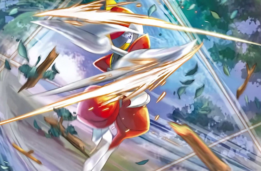anesaki_dynamic bisharp black_eyes creature gen_5_pokemon nintendo no_humans official_art pokemon pokemon_(creature) pokemon_tcg slashing solo third-party_source