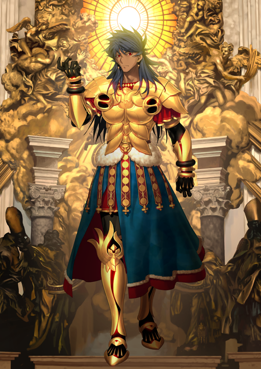 1boy arm_at_side armor armored_boots armored_gloves bangle black_gloves black_hair black_leggings blue_skirt boots bracelet breastplate closed_mouth dark-skinned_male dark_skin earrings elbow_gloves fate/grand_order fate_(series) front_slit full_body game_cg gloves gold_armor gold_earrings gold_trim hand_up jewelry koyama_hirokazu leggings long_hair male_focus official_art overskirt pauldrons red_eyes red_tunic romulus_quirinus_(fate) short_sleeves shoulder_armor skirt solo third-party_source tunic v-shaped_eyebrows variant_set