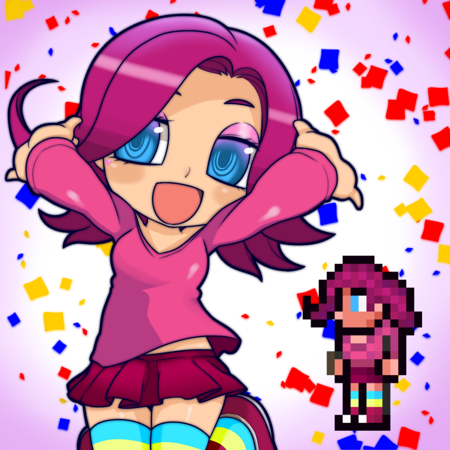 1girl blue_eyes chibi female_focus jumping long_sleeves looking_at_viewer miniskirt okunin open_mouth party_girl_(terraria) pink_hair pixel_art short_hair skirt smile solo terraria thighhighs zettai_ryouiki