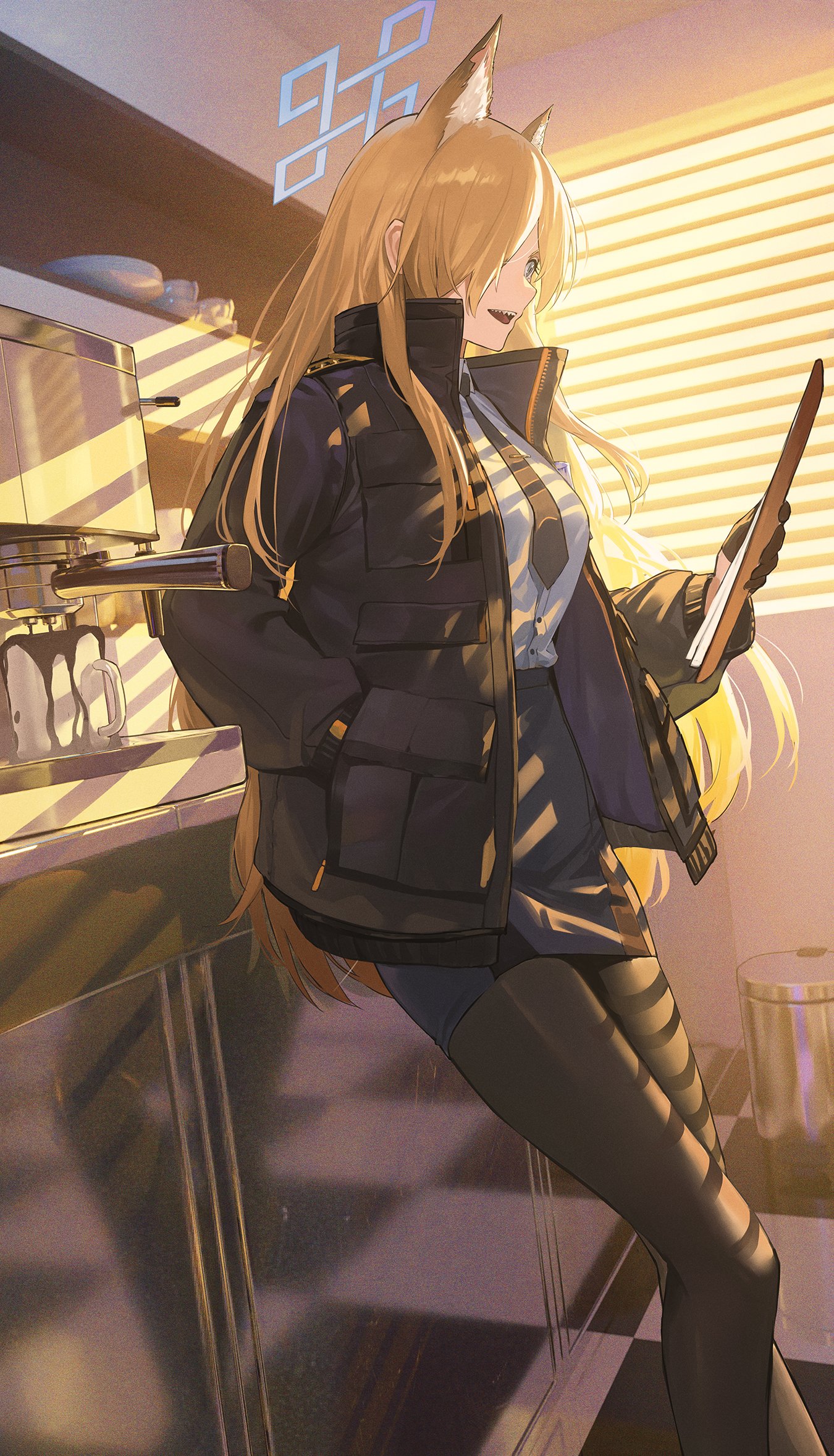 1girl animal_ears black_jacket black_necktie black_pantyhose blonde_hair blue_archive blue_halo blue_shirt blue_skirt checkered_floor coffee_maker coffee_mug commentary_request cup dog_ears dog_girl espresso_machine feet_out_of_frame halo hand_in_pocket highres holding indoors jacket kanna_(blue_archive) leaning long_hair looking_ahead mug necktie open_clothes open_jacket open_mouth overflowing pantyhose police police_uniform policewoman sharp_teeth shirt skirt solo teeth ttk_(kirinottk)