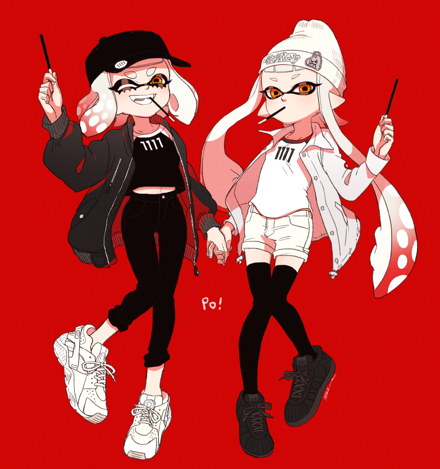 2girls artist_logo black_footwear black_jacket black_legwear black_pants black_shirt blunt_bangs bob_cut closed_mouth commentary fang food food_in_mouth gradient_hair holding holding_food holding_hands inkling inkling_girl inkling_player_character jacket logo long_sleeves looking_at_viewer midriff_peek mouth_hold multicolored_hair multiple_girls navel nintendo no_socks one_eye_closed open_clothes open_jacket open_mouth pants pocky pointy_ears red_background red_eyes red_hair red_theme shirt shoes short_hair shorts signature smile sneakers splatoon_(series) standing tentacle_hair thighhighs white_footwear white_hair white_headwear white_jacket white_shirt white_shorts yeneny