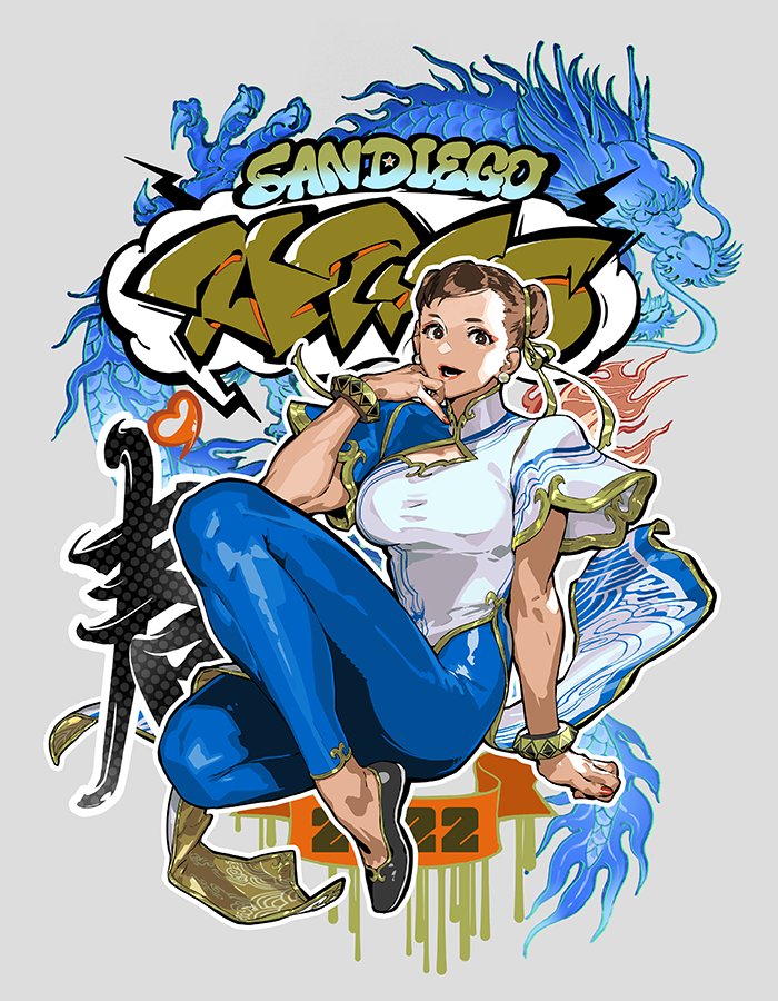 1girl 2022 alternate_costume bracelet breast_cutout breasts brown_eyes brown_hair capcom chinese_clothes chinese_text chun-li claws cloud_print crane_print dated dragon dripping earrings eastern_dragon eyeshadow fangs fangs_out flame_print folded_leg gold_trim graffiti hair_buns hair_ribbon heart heart_print horns jewelry lipstick makeup mitachisato outline pearl_earrings red_eyeshadow red_lips ribbon san_diego_(city) scales sitting sitting_on_object smile street_fighter street_fighter_6 thunder_print toned toned_female white_outline