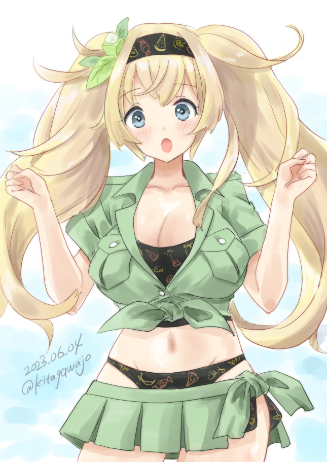 1girl bikini bikini_under_clothes black_bikini black_hairband blonde_hair blue_eyes breast_pocket breasts dated gambier_bay_(kancolle) gambier_bay_(summer)_(kancolle) green_shirt green_skirt hairband kantai_collection kitagawa_mikio large_breasts long_hair one-hour_drawing_challenge pleated_skirt pocket shirt skirt solo swimsuit swimsuit_under_clothes tied_shirt twintails twitter_username w_arms