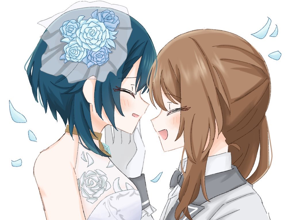 2girls aizawa_kazuha assault_lily bare_shoulders blue_flower blue_hair blue_rose blush bow bowtie brown_hair closed_eyes commentary face-to-face facing_another falling_petals floral_print flower frilled_sleeves frills gloves grey_bow grey_bowtie grey_jacket hair_between_eyes hair_flower hair_ornament halter_shirt halterneck hand_on_another&#039;s_cheek hand_on_another&#039;s_face iijima_renka jacket long_hair long_sleeves low_side_ponytail multiple_girls official_alternate_costume open_mouth parted_lips petals print_shirt rose rose_print sana_(hs_yp1) shirt short_hair side_ponytail sleeveless sleeveless_shirt smile white_gloves white_shirt yuri