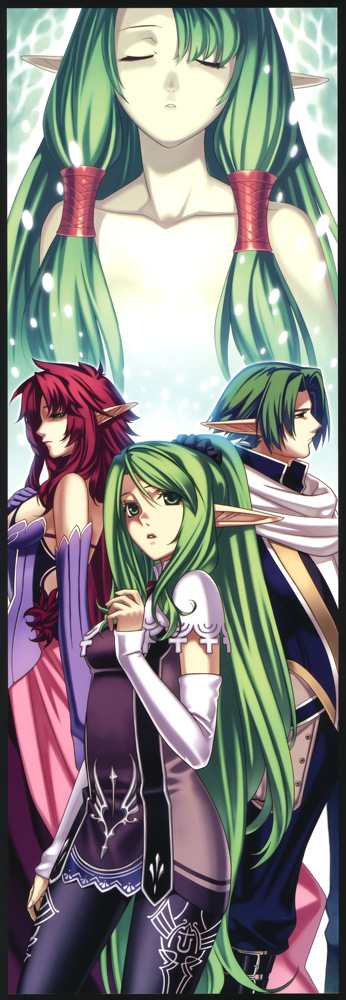 1boy 3girls azalea azalea_(spectral_force) bare_shoulders black_legwear character_request elf expressionless closed_eyes gabella gabella_(spectral_force) green_hair hair_tubes hirano_katsuyuki long_hair multiple_girls official_art pantyhose pointy_ears ponytail red_hair sidelocks skirt spectral_(series) spectral_force_genesis