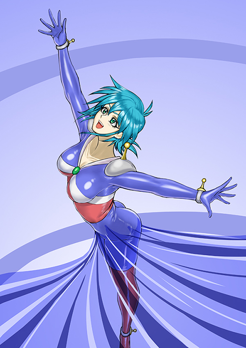 1girl :d allenby_beardsley arm_up ass blue_bodysuit blue_hair bodysuit bracelet breasts chobi_kuma commentary_request g_gundam green_eyes gundam impossible_bodysuit impossible_clothes jewelry looking_up materializing mecha_pilot_suit medium_breasts mobile_trace_suit multicolored_bodysuit official_alternate_costume open_mouth paid_reward_available red_bodysuit short_hair simple_background skin_tight smile solo teeth upper_teeth_only