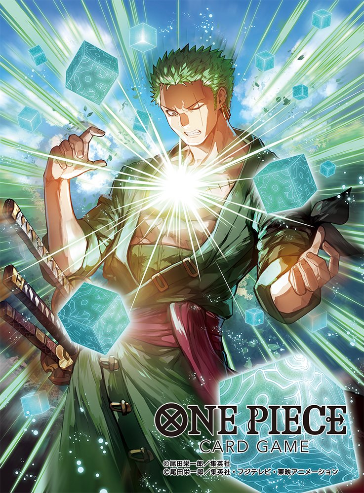 1boy bandana_around_arm blue_sky cloud commentary_request copyright_name earrings green_hair green_kimono haramaki japanese_clothes jewelry kimono male_focus moreshan official_art one_eye_closed one_piece one_piece_card_game purple_sash roronoa_zoro sash scar scar_across_eye scar_on_face sky solo stitched_torso stitches sword weapon