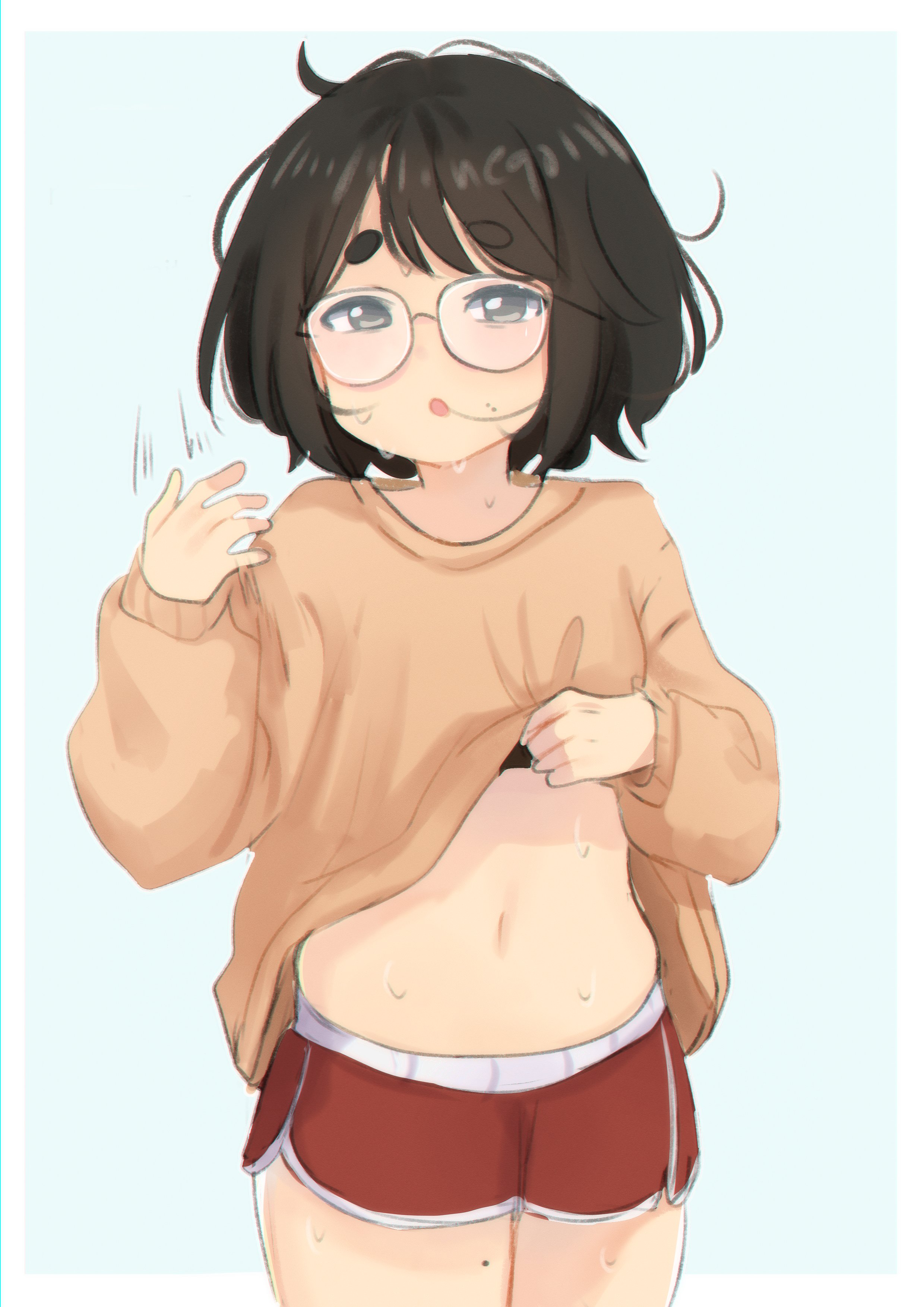 1girl absurdres black_eyes black_hair clothes_lift commentary cowboy_shot creator_(neneneqo) dolphin_shorts glasses highres hot midriff navel neqo_(neneneqo) orange_sweater original red_shorts short_shorts shorts solo sweat sweater sweater_lift symbol-only_commentary thick_eyebrows
