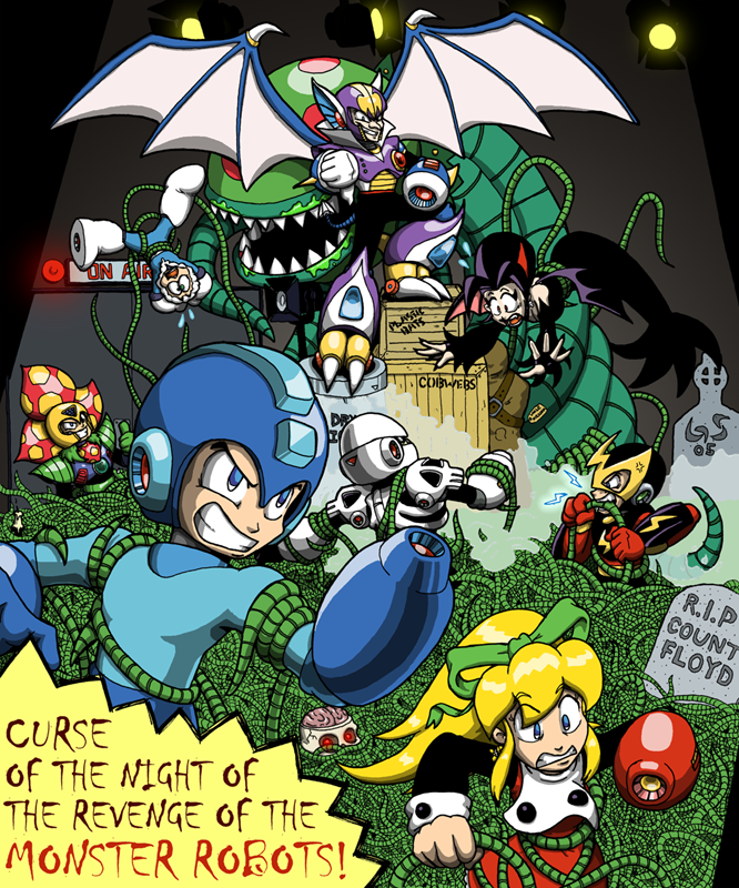 2girls 5boys arm_cannon blonde_hair claws creature dress elec_man ice_man joints multiple_boys multiple_girls plant plant_man ponytail red_dress robot robot_girl robot_joints mega_man_(series) mega_man_(character) mega_man_(classic) rockman_(game) mega_man_4 mega_man_6 mega_man_7 roll_(mega_man) shade_man skull_man stage_lights vampire weapon wings