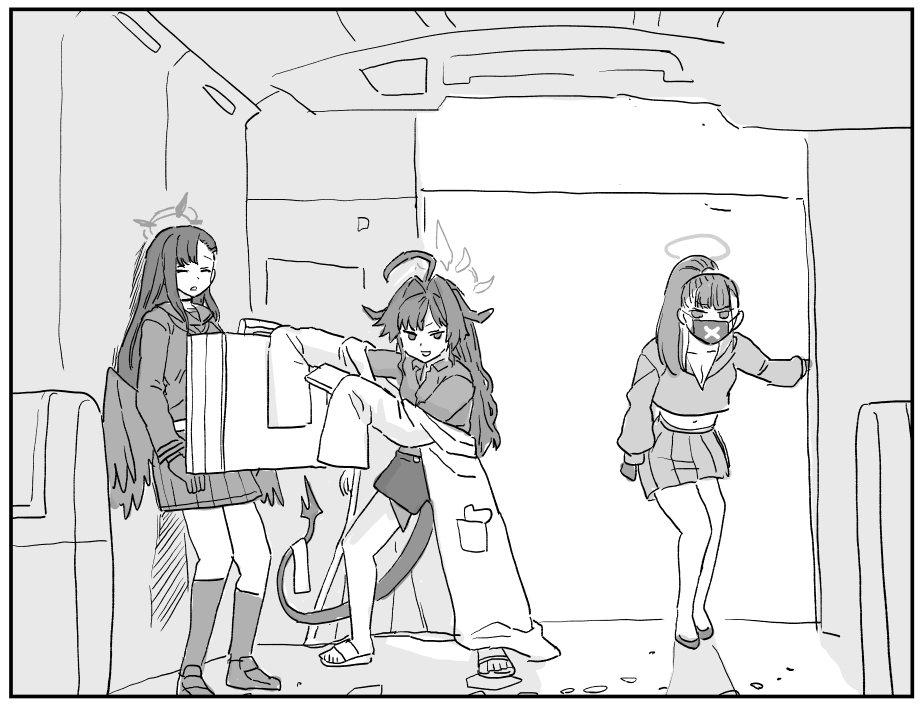 3girls black_hair black_socks blue_archive clothing_cutout demon_horns demon_tail full_body greyscale horns ichika_(blue_archive) kasumi_(blue_archive) mo_(kireinamo) monochrome multiple_girls navel_cutout project_arms school_uniform serafuku shorts socks standing sukeban_(smg)_(blue_archive) tail twitter