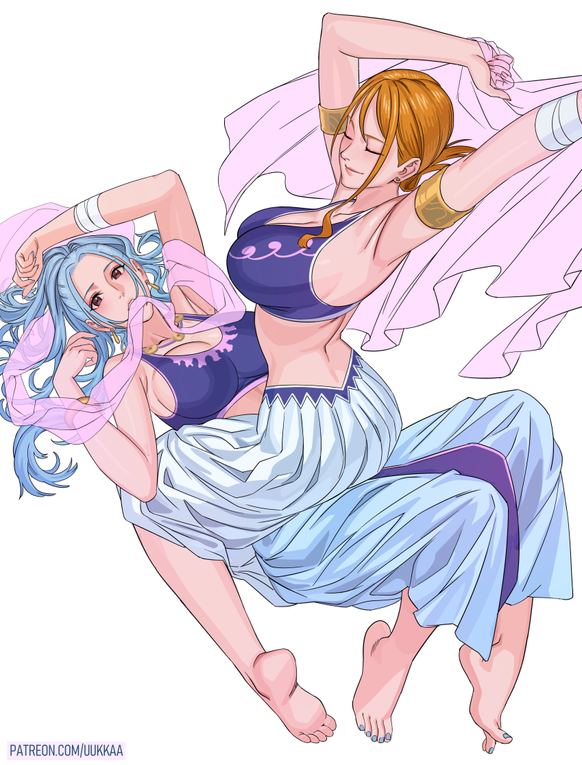 2girls arabian_clothes armlet bare_shoulders barefoot blue_hair blue_nails breasts brown_eyes closed_eyes earrings feet gold_earrings jewelry large_breasts long_hair looking_at_viewer lying midriff multiple_girls nami_(one_piece) nami_(one_piece)_(alabasta) nefertari_vivi on_back one_piece orange_hair orange_nails short_hair sitting sitting_on_person soles spread_toes toes uukkaa