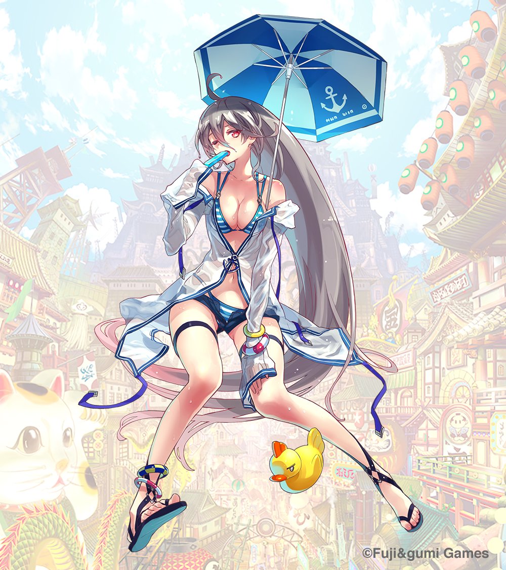 1girl absurdly_long_hair ahoge anchor_symbol anklet bangle bikini bikini_under_shorts blurry blurry_background bracelet breasts cleavage copyright_notice da-kuro food full_body grey_hair hair_between_eyes holding holding_food holding_popsicle jewelry laevateinn_(phantom_of_the_kill) long_hair long_sleeves looking_at_viewer official_alternate_costume official_art on_floor one_eye_closed parasol phantom_of_the_kill popsicle red_eyes rubber_duck sandals second-party_source shinobi_nightmare shorts sitting sleeves_past_fingers sleeves_past_wrists solo striped_bikini striped_clothes sweat swimsuit umbrella very_long_hair