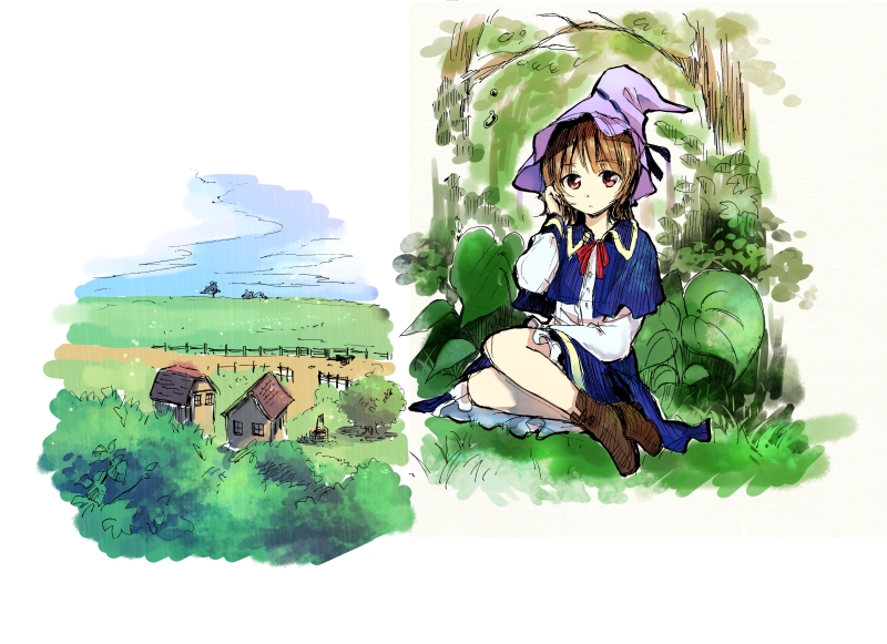 1girl capelet fence grass tucking_hair hat house leaf makuwauri nature outdoors rural shoes sketch tree well