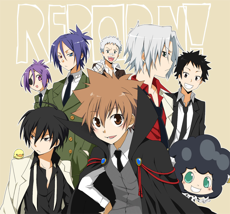 1girl 6+boys ahuro_(did) bandages black_hair blue_eyes brown_eyes brown_hair cape chrome_dokuro formal_clothes gokudera_hayato green_eyes hibari_kyouya hibird katekyo_hitman_reborn! lambo multiple_boys necktie red_eyes rokudou_mukuro sasagawa_ryohei short_hair silver_hair suit yamamoto_takeshi