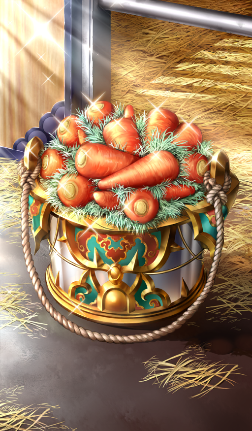 bucket carrot commentary day diffraction_spikes fate/grand_order fate_(series) food_focus hay in_bucket in_container light_rays no_humans official_art rope sparkle still_life sunbeam sunlight tatsuyo third-party_source