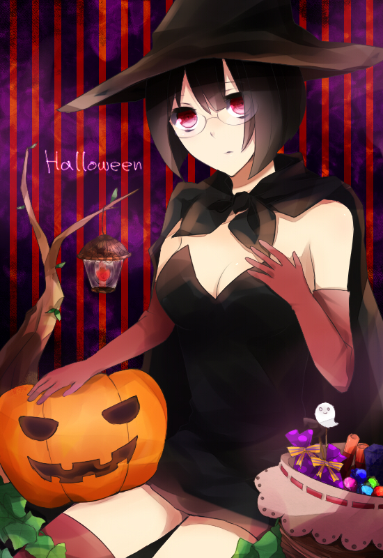 1girl bad_id bad_pixiv_id bare_shoulders black_hair bob_cut breasts candy cape cleavage dress durarara!! elbow_gloves female_focus food glasses gloves halloween hat hinachicrm ivy jack-o&#039;-lantern lantern large_breasts pumpkin red_eyes short_hair solo sonohara_anri strapless strapless_dress striped_background thighhighs witch_hat