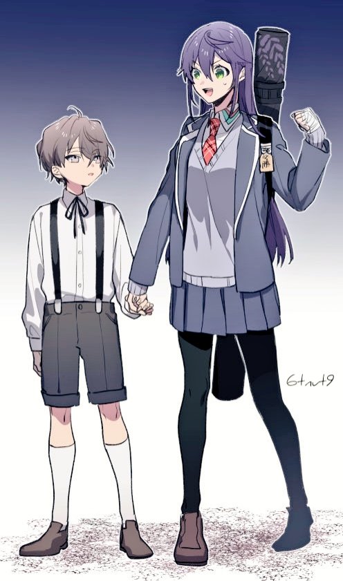 1boy 1girl 6tnut9 :d aged_down ahoge artist_name bandaged_hand bandages black_pantyhose black_ribbon black_shorts blazer blue_background brown_eyes brown_hair brown_shoes clenched_hand collared_shirt crossed_bangs genderswap genderswap_(mtf) gradient_background green_eyes grey_jacket grey_skirt grey_sweater hair_between_eyes hand_up holding_hands jacket kagami_hayato kenmochi_touko kenmochi_touya kenmochi_touya_(1st_costume) kneehighs lapels long_hair long_sleeves looking_at_another neck_ribbon necktie nijisanji omamori open_clothes open_jacket open_mouth pantyhose plaid_clothes plaid_necktie pleated_skirt purple_hair red_necktie ribbon school_uniform shirt shirt_tucked_in shoes short_hair shorts sidelocks skirt smile socks standing suspender_shorts suspenders sweatdrop sweater teeth upper_teeth_only v-shaped_eyebrows virtual_youtuber weapon_bag white_background white_shirt white_socks wing_collar
