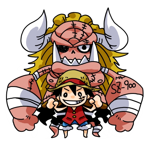 chibi giant hat horns lowres monkey_d._luffy monster oars one_piece onexone red_skirt skirt straw_hat thriller_bark