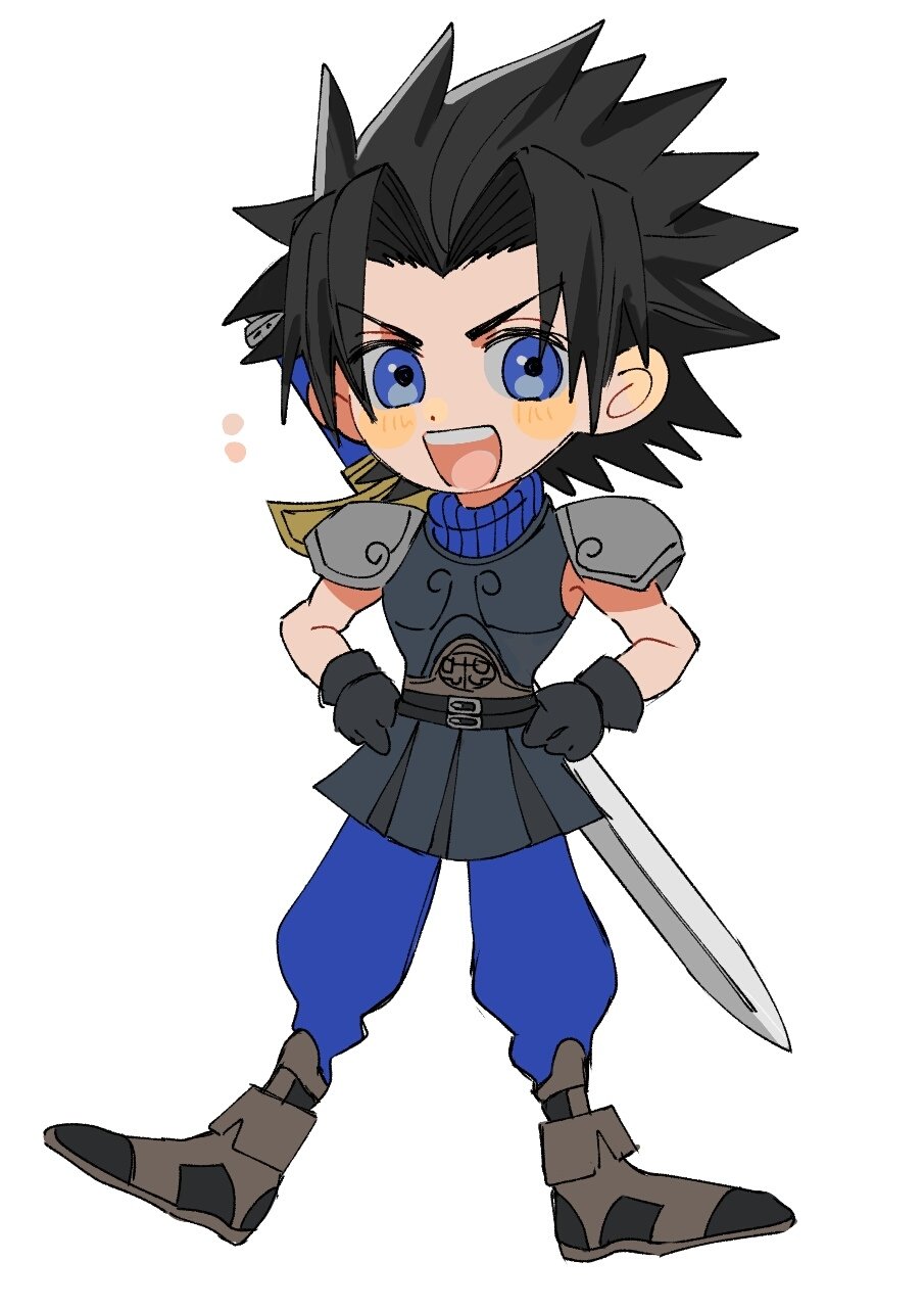 1boy armor belt black_belt black_gloves blue_eyes blue_pants breastplate chibi crisis_core_final_fantasy_vii final_fantasy final_fantasy_vii gloves hands_on_own_hips happy highres kingdom_hearts kingdom_hearts_birth_by_sleep male_focus mtr_dayoo multiple_belts open_mouth pants pauldrons pteruges puffy_pants shoes short_hair shoulder_armor simple_background sleeveless sleeveless_turtleneck smile solo spiked_hair standing sword sword_on_back turtleneck weapon weapon_on_back white_background yellow_blush zack_fair