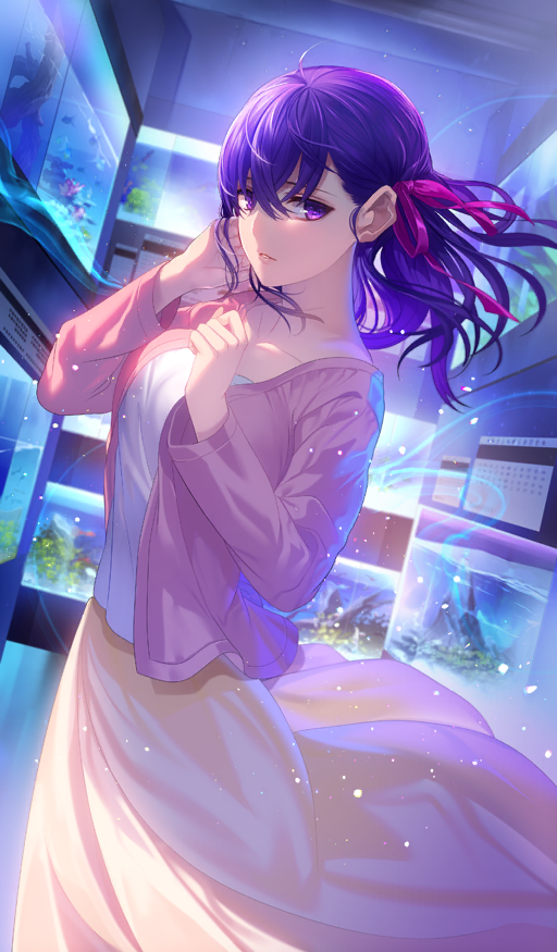 1girl adjusting_hair breasts cardigan collarbone commentary cowboy_shot dutch_angle fate/grand_order fate/stay_night fate_(series) fish_tank hair_between_eyes hair_ribbon indoors large_breasts light_particles light_trail long_hair long_skirt long_sleeves looking_to_the_side magic matou_sakura official_art parted_lips pink_cardigan pink_ribbon purple_eyes purple_hair ribbon shirt skirt solo third-party_source tsukimoto_aoi white_shirt yellow_skirt