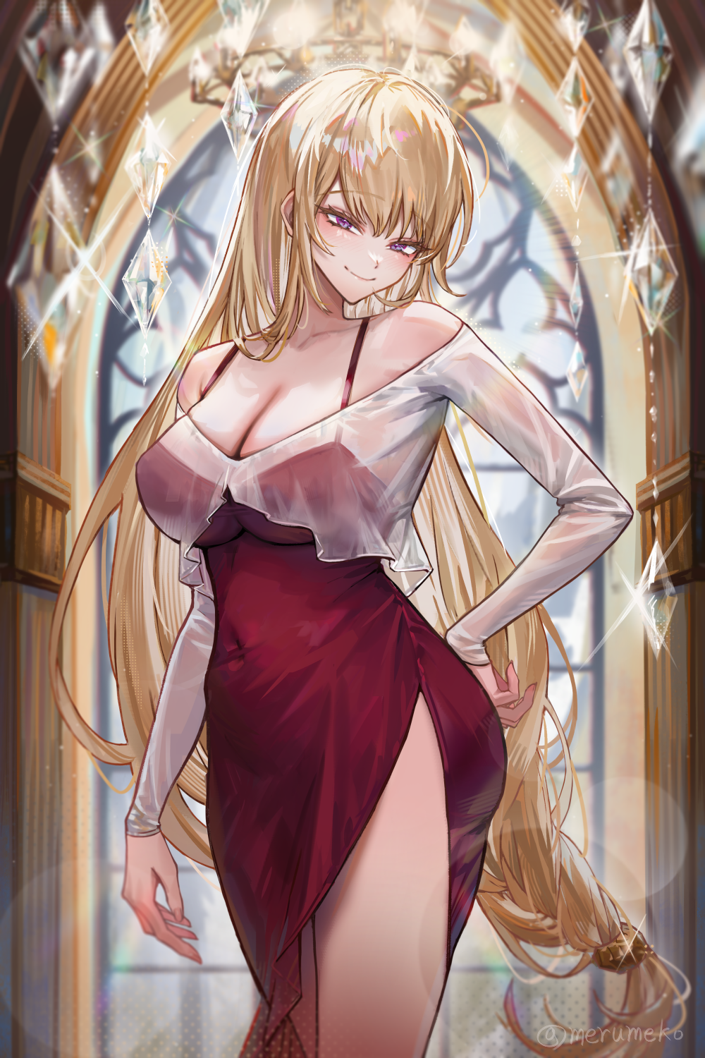 1girl blonde_hair breasts cleavage covered_navel dress hand_on_own_hip highres large_breasts long_hair looking_at_viewer low-tied_long_hair merumeko original purple_eyes red_dress see-through_shrug shrug_(clothing) side_slit sleeveless sleeveless_dress smile solo very_long_hair