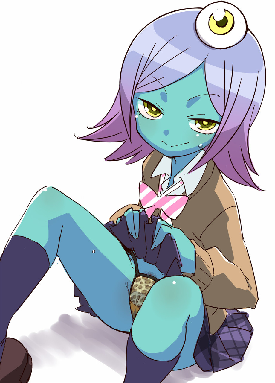 1girl animal_print blue_skin clothes_lift colored_skin eyeball_hair_ornament female_focus female_pubic_hair highres leopard_print midori_(uchuu_patrol_luluco) ogihara_mach panties pubic_hair purple_hair sitting skirt skirt_lift smile solo uchuu_patrol_luluco underwear yellow_eyes
