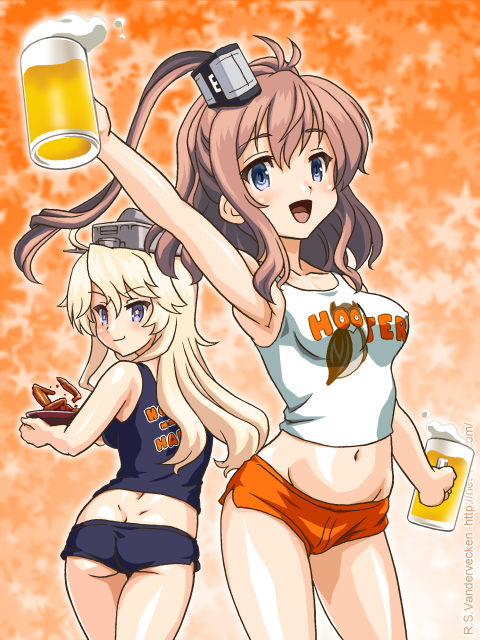 10s 2girls alcohol alternate_costume armpits ass bandabekken beer beer_mug black_shorts blonde_hair blue_eyes breasts brown_hair butt_crack chicken_(food) covered_erect_nipples cup dimples_of_venus employee_uniform food from_behind groin headgear high_side_ponytail hooters iowa_(kancolle) kantai_collection long_hair looking_at_viewer looking_back medium_breasts midriff mug multiple_girls navel no_legwear orange_shorts ponytail saratoga_(kancolle) shiny_skin short_shorts shorts side_ponytail star-shaped_pupils star_(symbol) symbol-shaped_pupils tank_top waitress