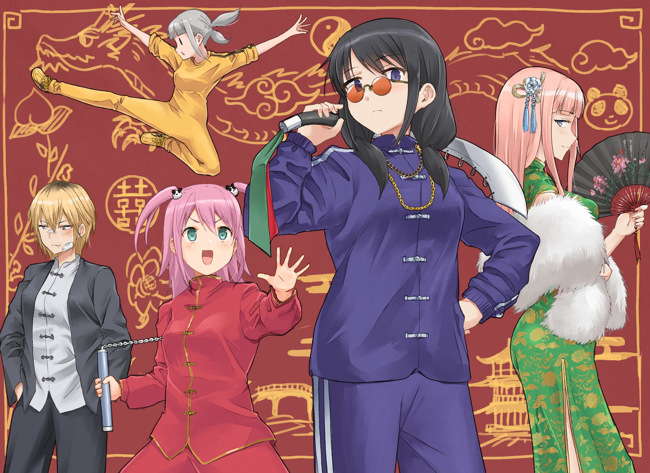 5girls :d black_eyes black_hair blonde_hair blunt_bangs blush bodysuit breasts brown_hair bruce_lee's_jumpsuit china_dress chinese_clothes closed_mouth dao_(weapon) dress futaki_shiki green_eyes hand_fan highres holding holding_fan holding_sword holding_weapon jacket jumpsuit katou_asuka large_breasts long_hair long_sleeves looking_at_viewer multiple_girls nemoto_hina nunchaku okiru open_mouth pelvic_curtain print_dress shirt short_hair side_slit sleeveless sleeveless_dress smile solid_circle_eyes solid_oval_eyes standing sword tamura_yuri twintails two_side_up watashi_ga_motenai_no_wa_dou_kangaetemo_omaera_ga_warui! weapon yellow_bodysuit yoshida_masaki