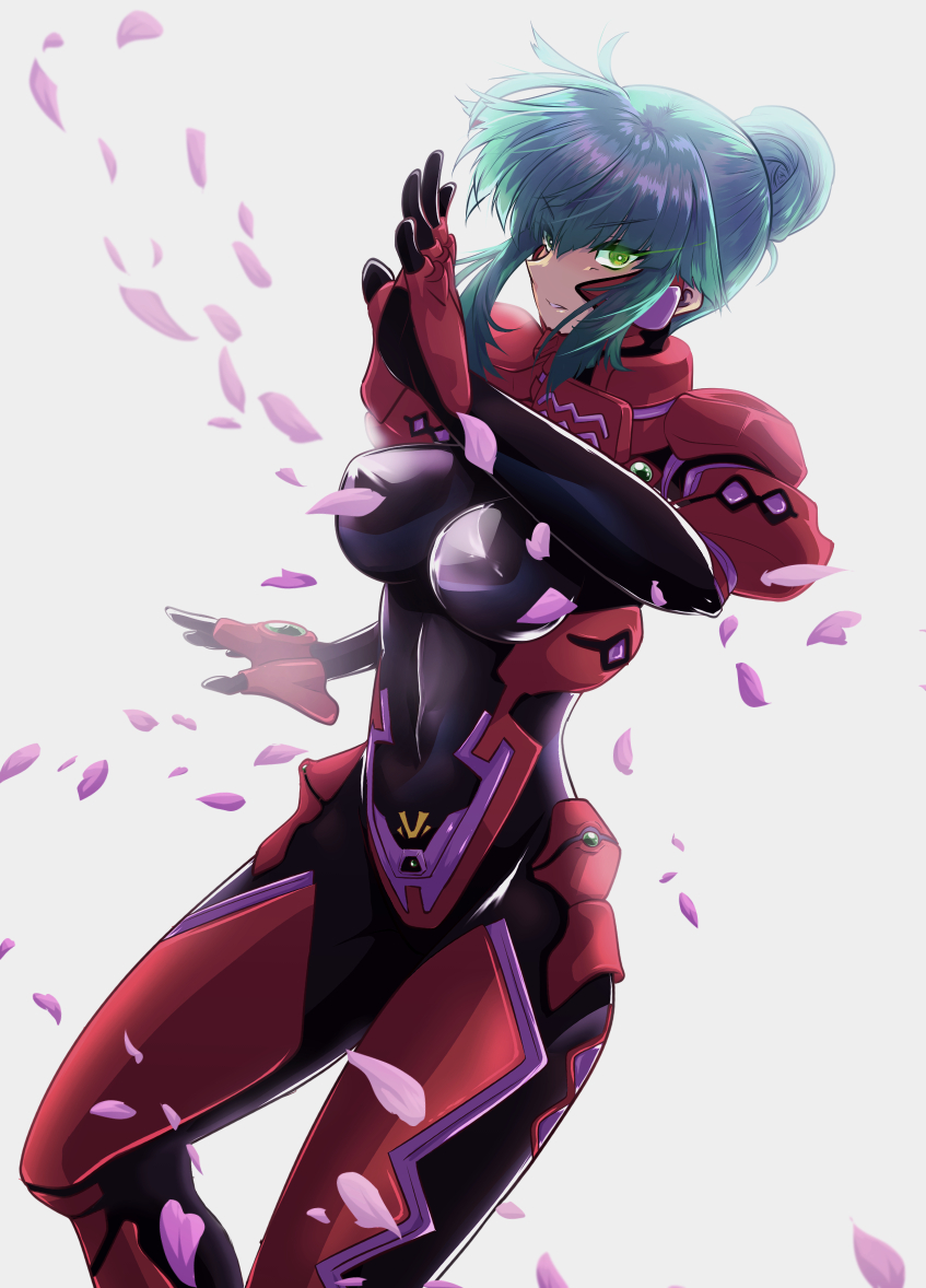 1girl breasts covered_erect_nipples covered_navel eye_trail fortified_suit green_eyes green_hair grey_background hair_behind_ear hair_between_eyes hair_bun kamon_rider light_trail looking_at_viewer mecha_pilot_suit medium_breasts muv-luv muv-luv_alternative open_hands petals pilot_suit single_hair_bun solo tsukuyomi_mana v-shaped_eyebrows