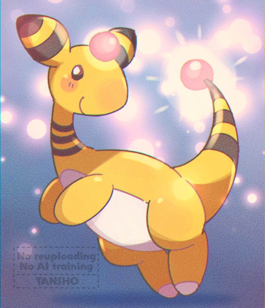 ampharos artist_name blush blush_stickers closed_mouth commentary_request full_body gen_2_pokemon glowing_tail nintendo no_humans pokemon pokemon_(creature) smile solo tansho