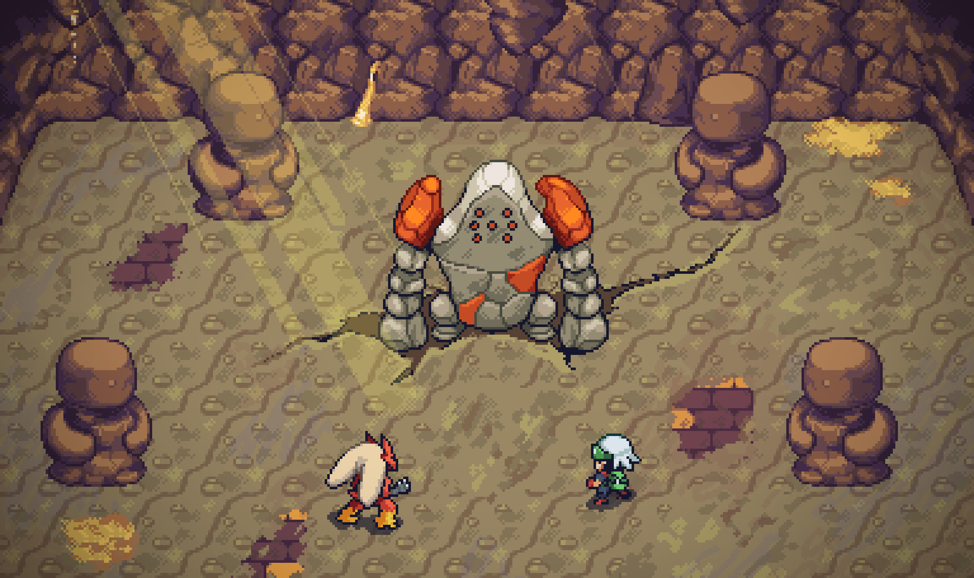 1boy backpack bag beanie blaziken brendan_(pokemon) cave_interior claws commentary crack cracked_floor creatures_(company) from_above game_freak gen_3_pokemon green_bag hat highres legendary_pokemon light_rays male_focus monsterham nintendo pixel_art pokemon pokemon_(creature) pokemon_emerald pokemon_rse regirock standing white_headwear