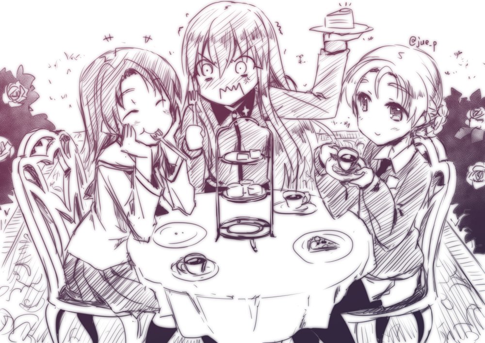 3girls black_neckerchief black_necktie black_pantyhose braid bush cake chair clenched_hand closed_eyes collared_shirt cup dessert flower food fork frown girls_und_panzer girls_und_panzer_little_army graphite_(medium) happy holding holding_cup holding_fork holding_plate holding_tray kuromorimine_school_uniform long_hair long_sleeves miniskirt monochrome multiple_girls neckerchief necktie on_chair ooarai_school_uniform orange_pekoe_(girls_und_panzer) pantyhose plate pleated_skirt rose round_table sawa_azusa school_uniform serafuku sheska_(girls_und_panzer) shirt short_hair sitting skirt smile st._gloriana&#039;s_school_uniform sweater table tablecloth tea tea_party teacup traditional_media tray utensil_in_mouth white_serafuku yuuki_eishi