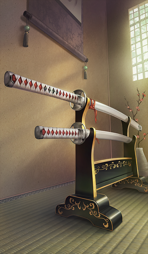 branch commentary_request fate/grand_order fate_(series) hanging_scroll indoors katana lasengle no_humans official_art scroll sheath sheathed still_life sword tatami third-party_source vase weapon weapon_focus window