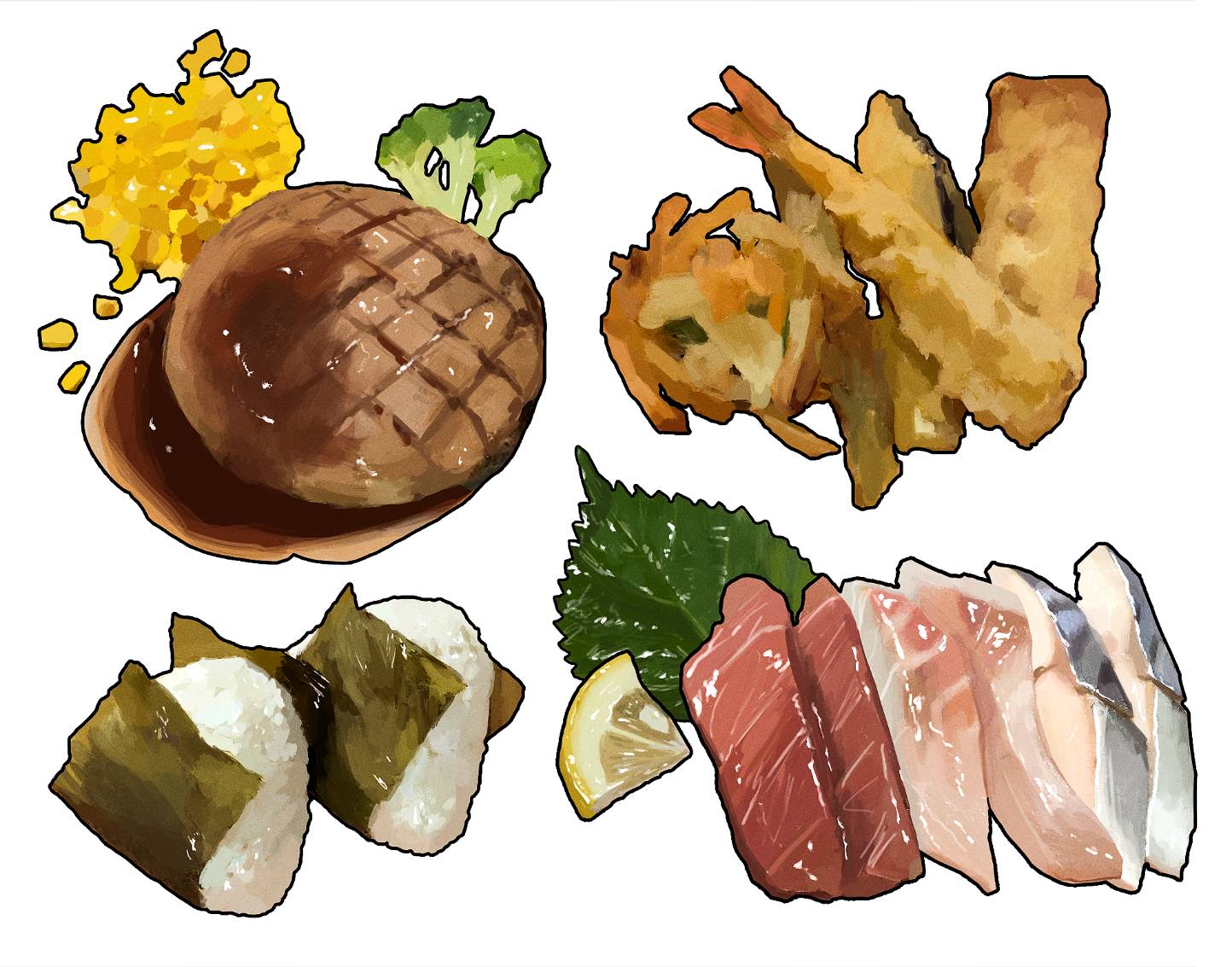 broccoli commentary fish_(food) food food_focus fried_fish fruit leaf lemon lemon_slice meat onigiri original rice scrambled_egg seaweed simple_background white_background zumochi