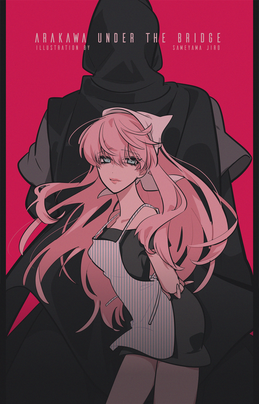 1boy 1girl apron arakawa_under_the_bridge arm_behind_back artist_name back-to-back black_dress blue_eyes closed_mouth commentary_request cowboy_shot dress expressionless eyelashes grey_apron hair_between_eyes headscarf highres long_hair looking_at_viewer maria_(arakawa) pink_hair sameyama_jiro sister_(arakawa)
