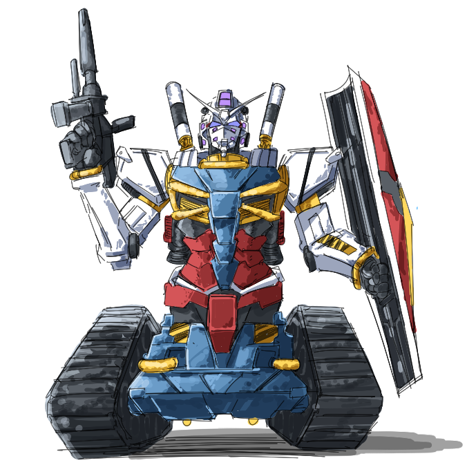 caterpillar_tracks commentary_request full_body ganma_(nicoseiga52595768) gun gundam gundam_0079_the_war_for_earth gundam_gquuuuuux gundam_tank holding holding_gun holding_shield holding_weapon looking_at_viewer mecha mecha_focus no_humans robot science_fiction shield simple_background weapon weapon_on_back white_background white_gundam